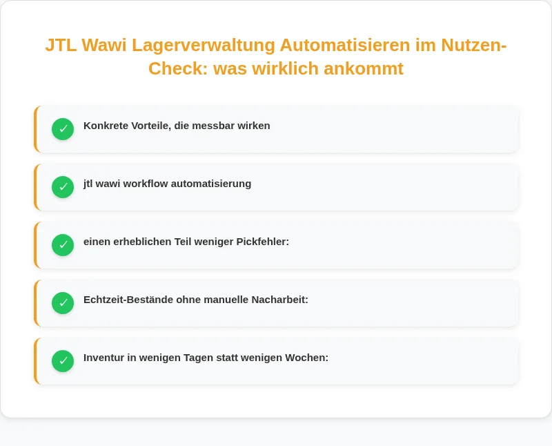 Infografik: JTL Wawi Lagerverwaltung Automatisieren im Nutzen-Check: was wirklich ankommt