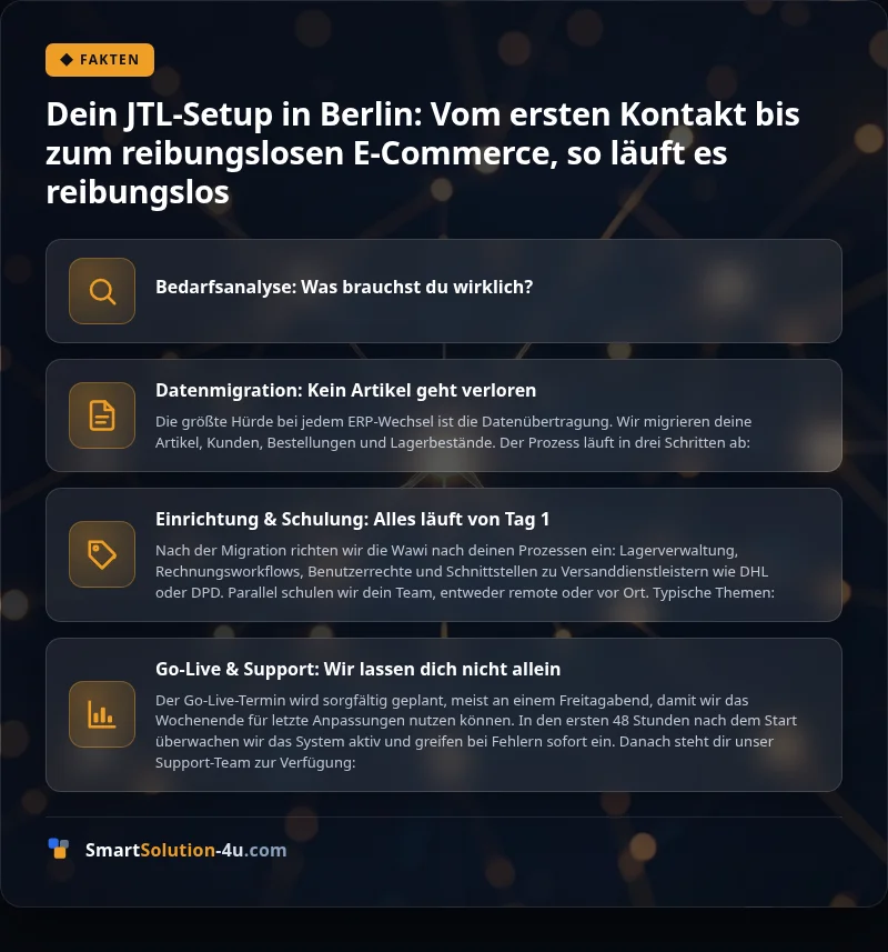 Infografik: Dein JTL-Setup in Berlin: Vom ersten Kontakt bis zum reibungslosen E-Commerce, so läuft es reibungslos