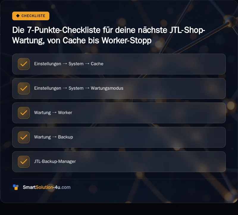 Infografik: Die 7-Punkte-Checkliste für deine nächste JTL-Shop-Wartung, von Cache bis Worker-Stopp