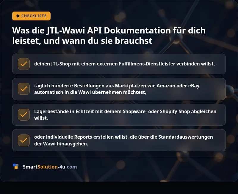 Infografik: Was die JTL-Wawi API Dokumentation für dich leistet, und wann du sie brauchst