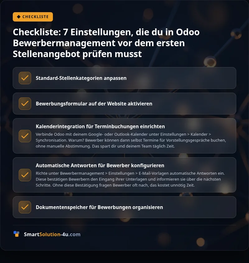 Infografik: Checkliste: 7 Einstellungen, die du in Odoo Bewerbermanagement vor dem ersten Stellenangebot prüfen musst
