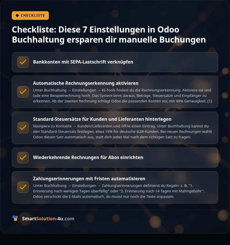 Infografik: Checkliste: Diese 7 Einstellungen in Odoo Buchhaltung ersparen dir manuelle Buchungen
