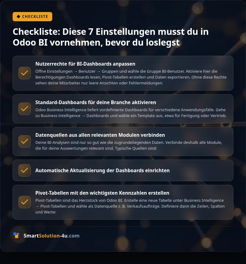 Infografik: Checkliste: Diese 7 Einstellungen musst du in Odoo BI vornehmen, bevor du loslegst