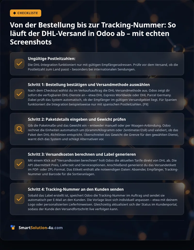 Infografik: Von der Bestellung bis zur Tracking-Nummer: So läuft der DHL-Versand in Odoo ab – mit echten Screenshots