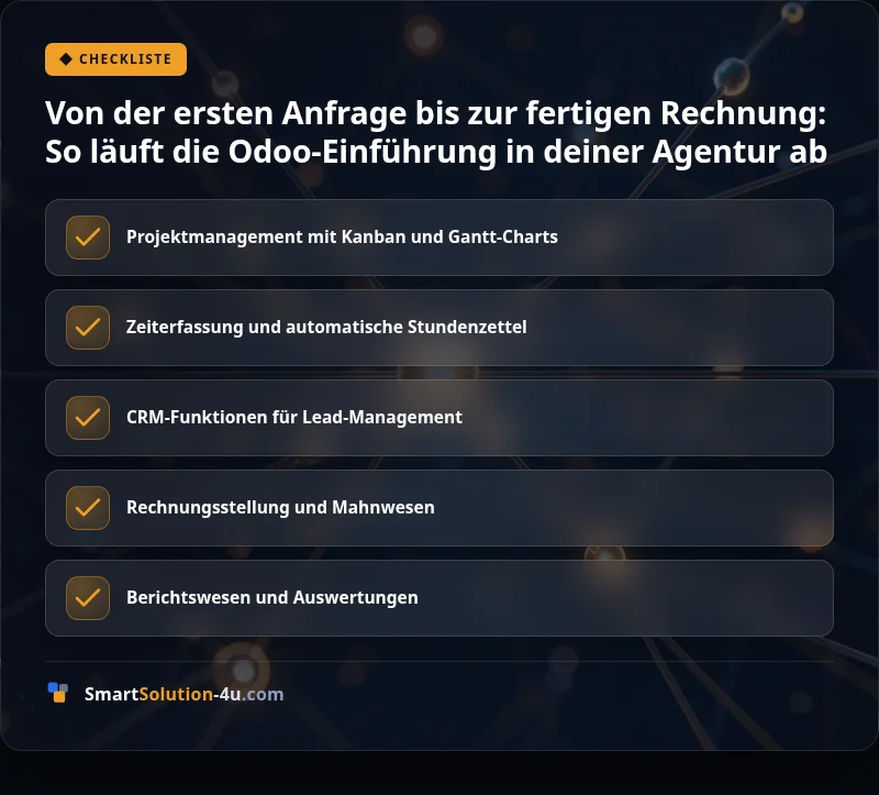 Infografik: Von der ersten Anfrage bis zur fertigen Rechnung: So läuft die Odoo-Einführung in deiner Agentur ab