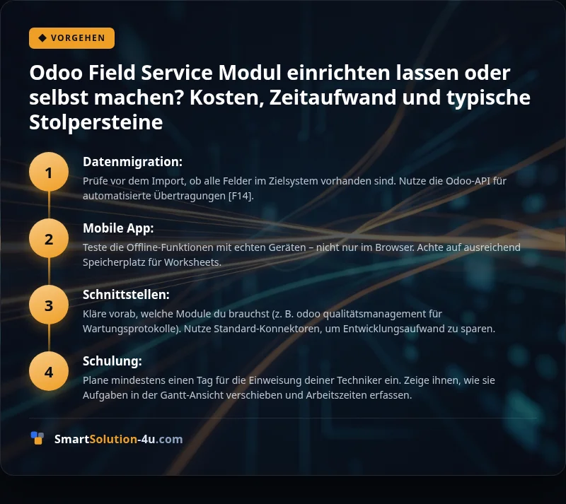 Infografik: Odoo Field Service Modul einrichten lassen oder selbst machen? Kosten, Zeitaufwand und typische Stolpersteine