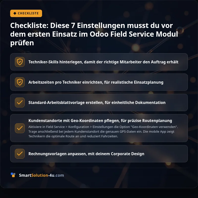 Infografik: Checkliste: Diese 7 Einstellungen musst du vor dem ersten Einsatz im Odoo Field Service Modul prüfen