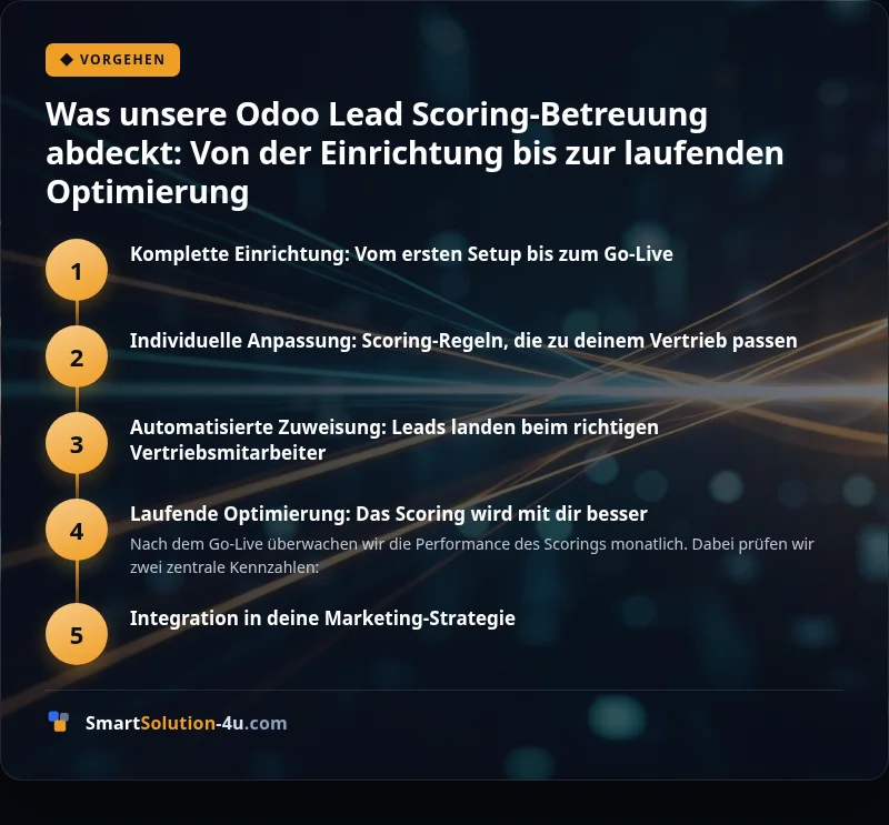 Infografik: Was unsere Odoo Lead Scoring-Betreuung abdeckt: Von der Einrichtung bis zur laufenden Optimierung