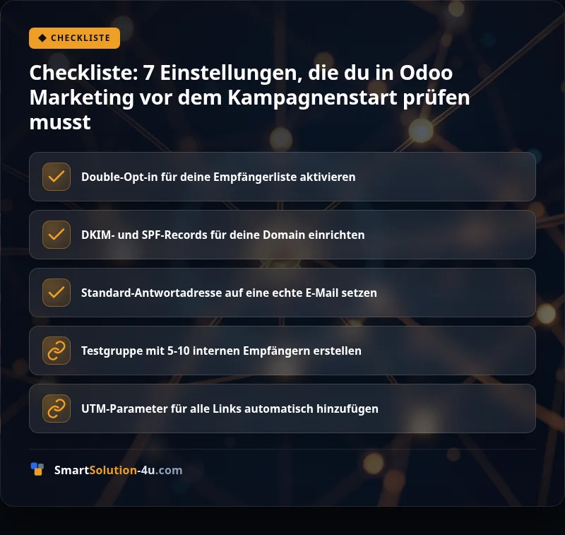 Infografik: Checkliste: 7 Einstellungen, die du in Odoo Marketing vor dem Kampagnenstart prüfen musst