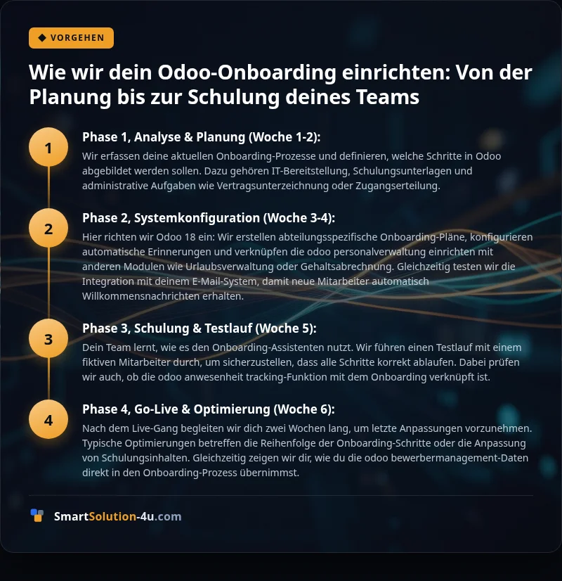 Infografik: Wie wir dein Odoo-Onboarding einrichten: Von der Planung bis zur Schulung deines Teams