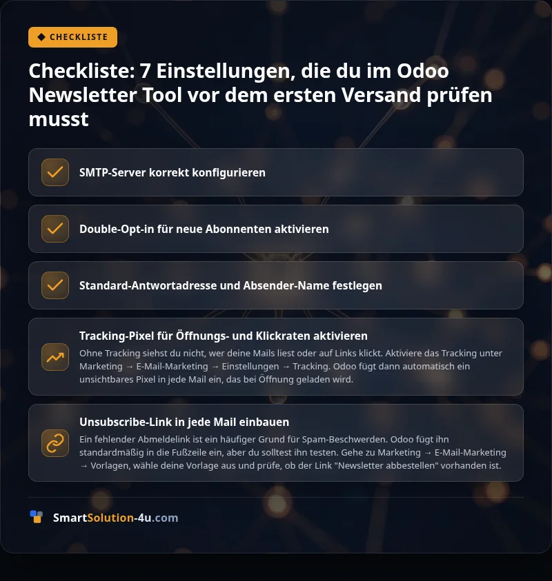 Infografik: Checkliste: 7 Einstellungen, die du im Odoo Newsletter Tool vor dem ersten Versand prüfen musst