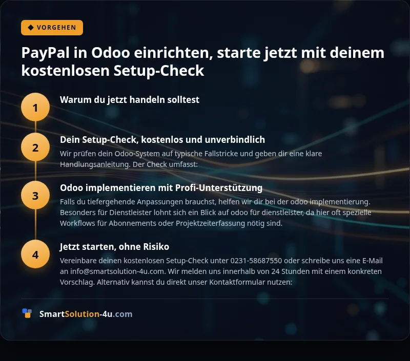 Infografik: PayPal in Odoo einrichten, starte jetzt mit deinem kostenlosen Setup-Check