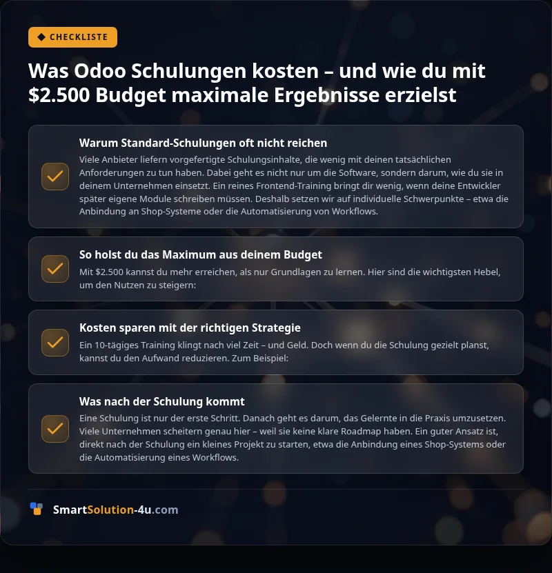 Infografik: Was Odoo Schulungen kosten – und wie du mit $2.500 Budget maximale Ergebnisse erzielst