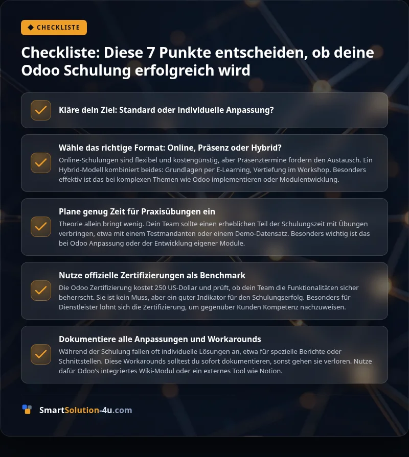 Infografik: Checkliste: Diese 7 Punkte entscheiden, ob deine Odoo Schulung erfolgreich wird
