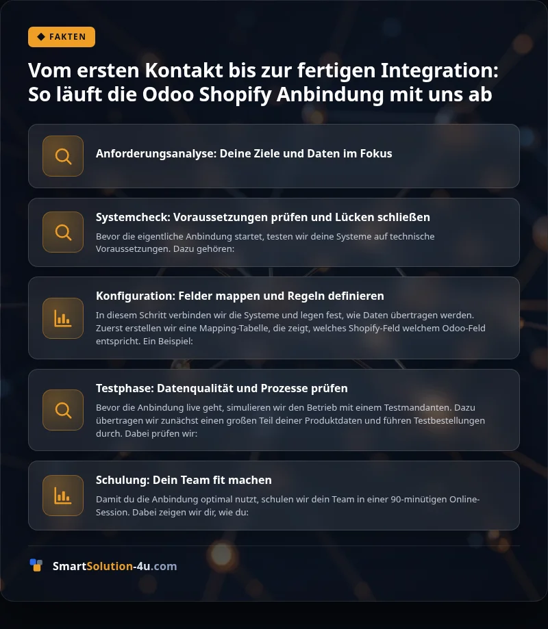 Infografik: Vom ersten Kontakt bis zur fertigen Integration: So läuft die Odoo Shopify Anbindung mit uns ab