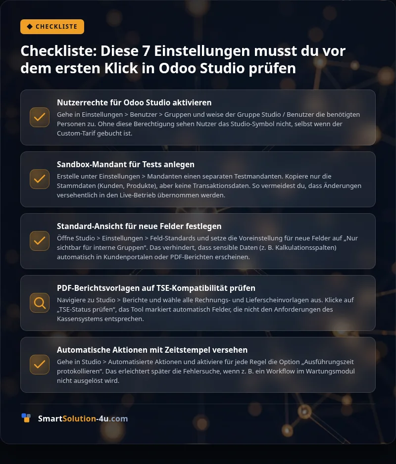 Infografik: Checkliste: Diese 7 Einstellungen musst du vor dem ersten Klick in Odoo Studio prüfen