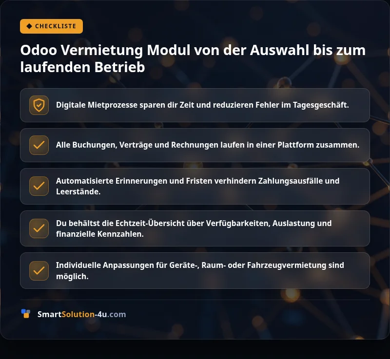 Infografik: Odoo Vermietung Modul von der Auswahl bis zum laufenden Betrieb