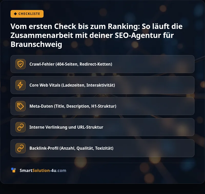 Infografik: Vom ersten Check bis zum Ranking: So läuft die Zusammenarbeit mit deiner SEO-Agentur für Braunschweig