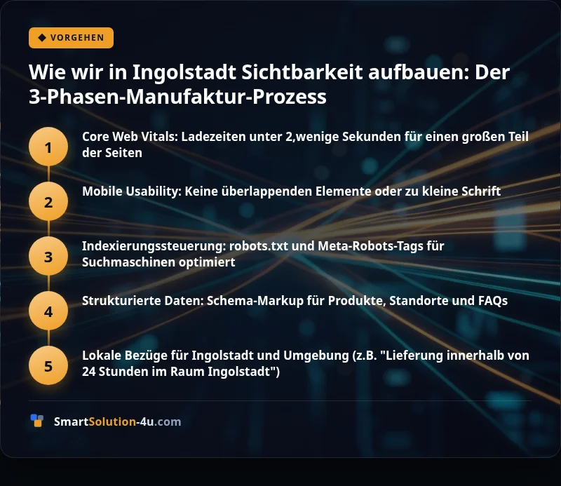 Infografik: Wie wir in Ingolstadt Sichtbarkeit aufbauen: Der 3-Phasen-Manufaktur-Prozess