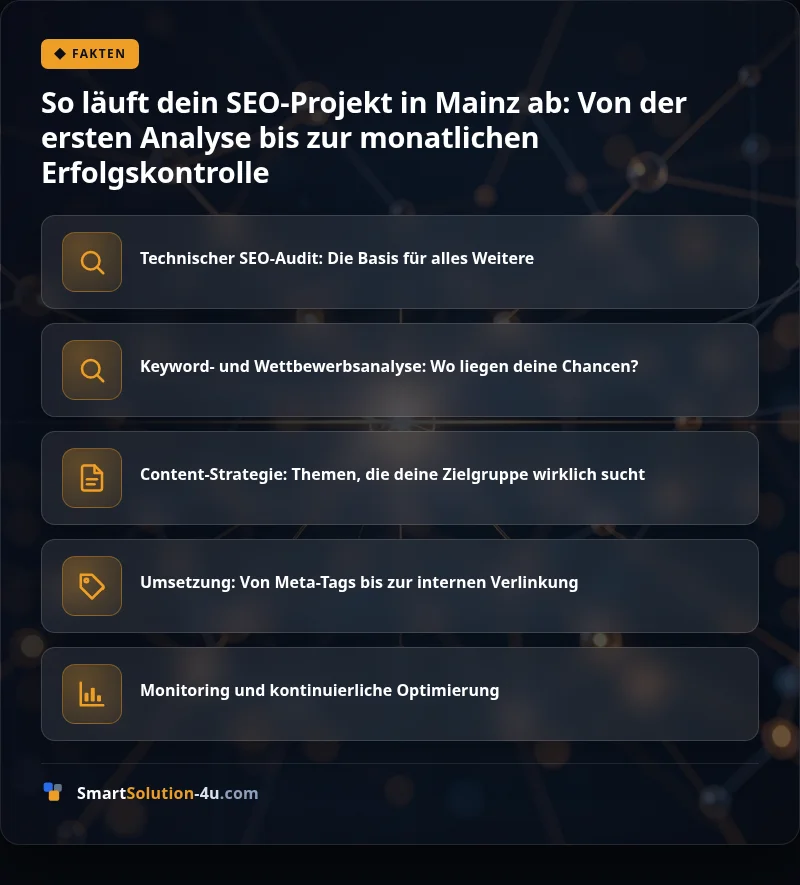 Infografik: So läuft dein SEO-Projekt in Mainz ab: Von der ersten Analyse bis zur monatlichen Erfolgskontrolle