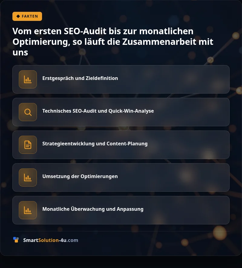 Infografik: Vom ersten SEO-Audit bis zur monatlichen Optimierung, so läuft die Zusammenarbeit mit uns