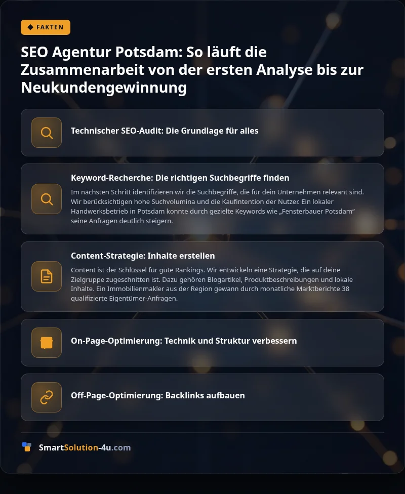 Infografik: SEO Agentur Potsdam: So läuft die Zusammenarbeit von der ersten Analyse bis zur Neukundengewinnung