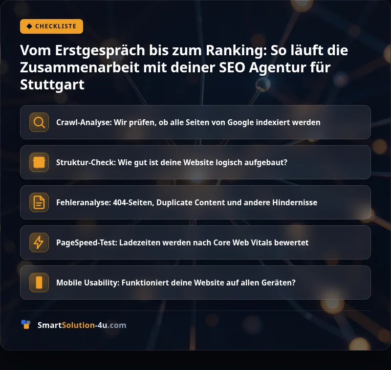 Infografik: Vom Erstgespräch bis zum Ranking: So läuft die Zusammenarbeit mit deiner SEO Agentur für Stuttgart