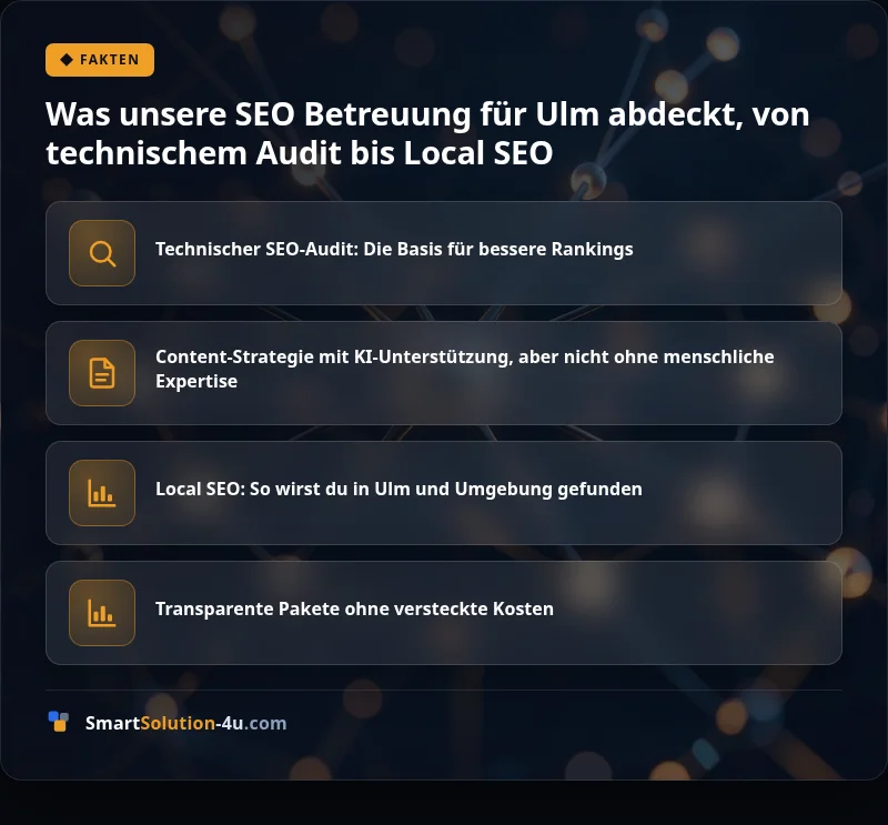 Infografik: Was unsere SEO Betreuung für Ulm abdeckt, von technischem Audit bis Local SEO